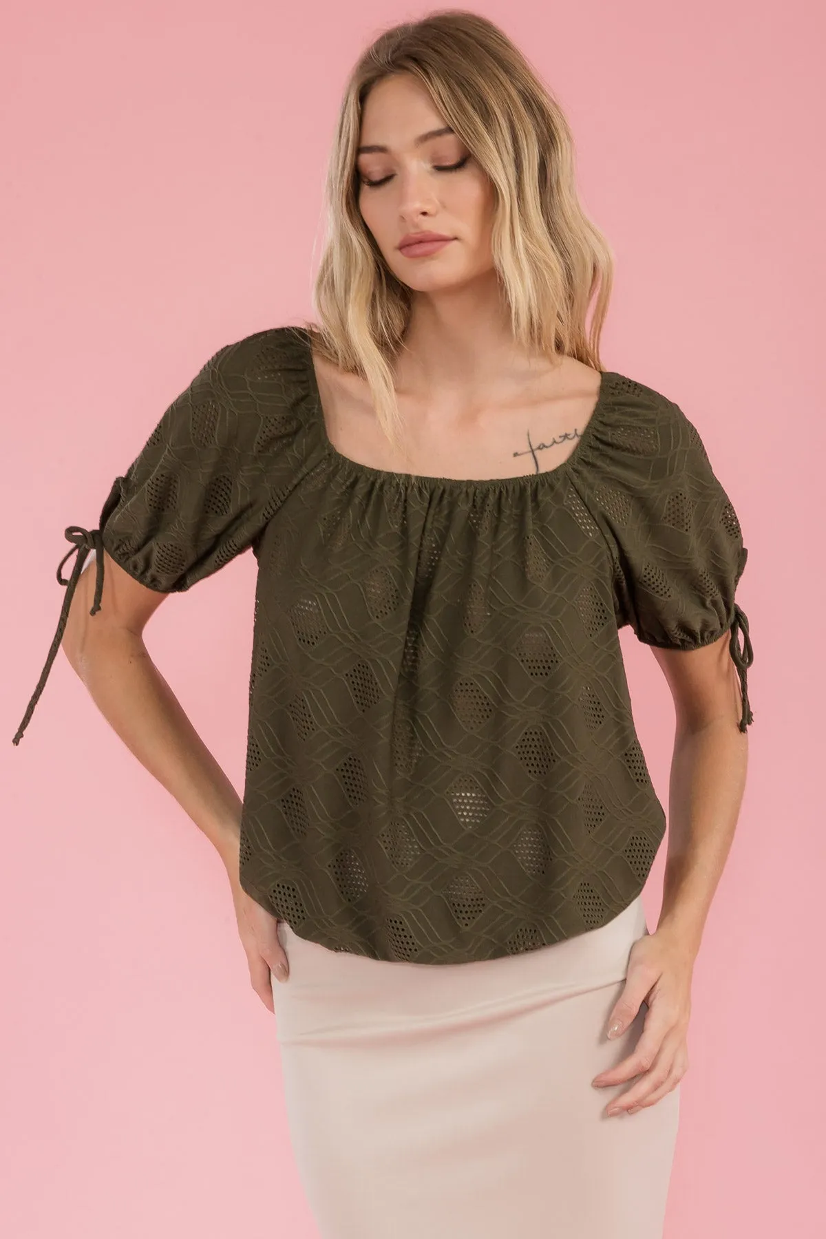 ELASTIC NECK BUBBLE HEM TIE SLEEVE PEASANT TOP