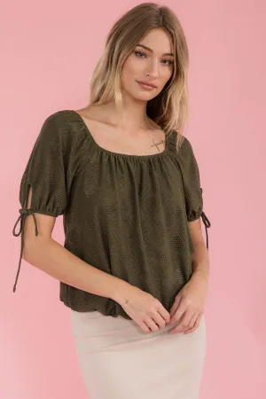 ELASTIC NECK BUBBLE HEM TIE SLEEVE PEASANT TOP