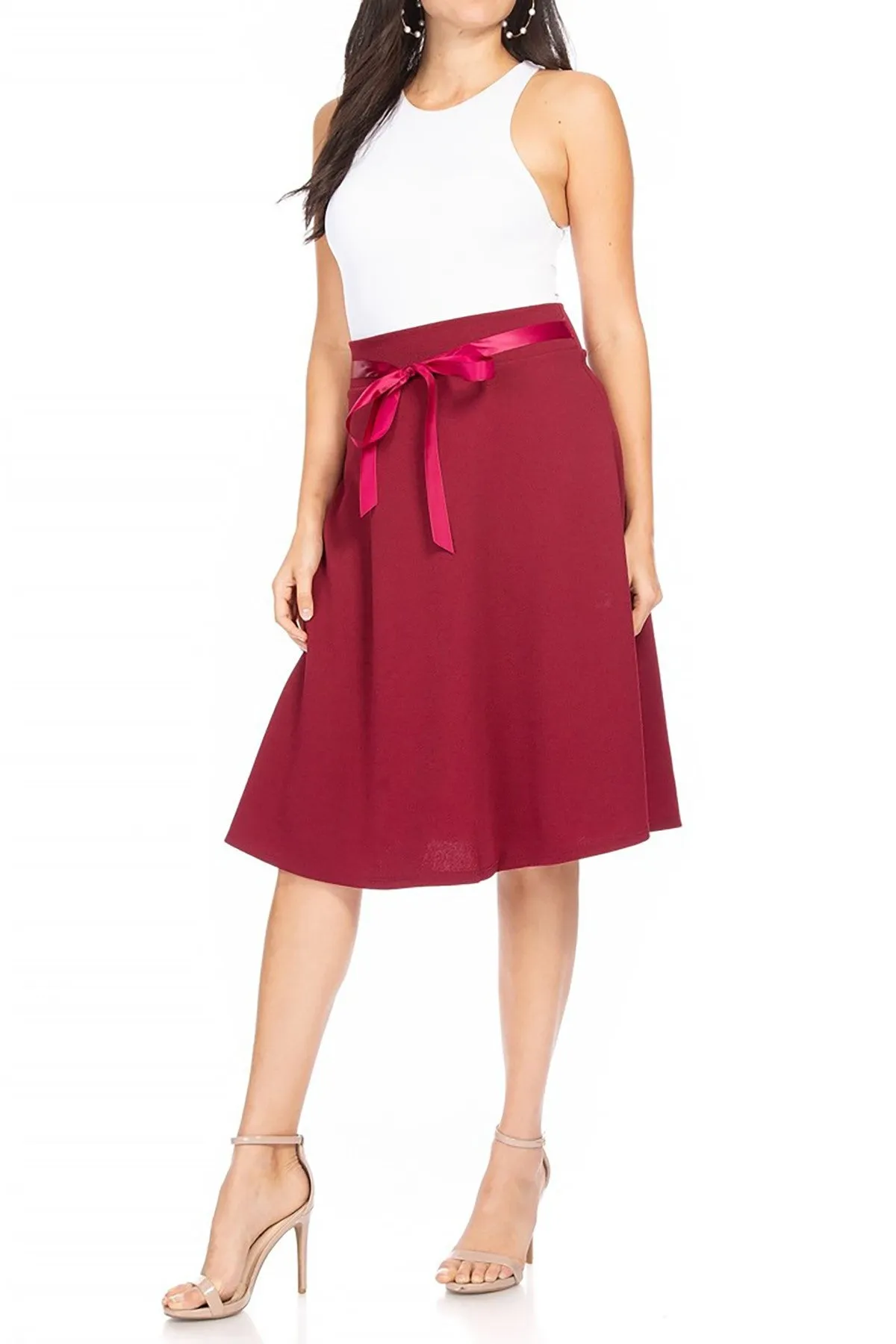 Elegant A-Line Midi Skirt - High Waist with Bow Tie Detail S500 $9Each