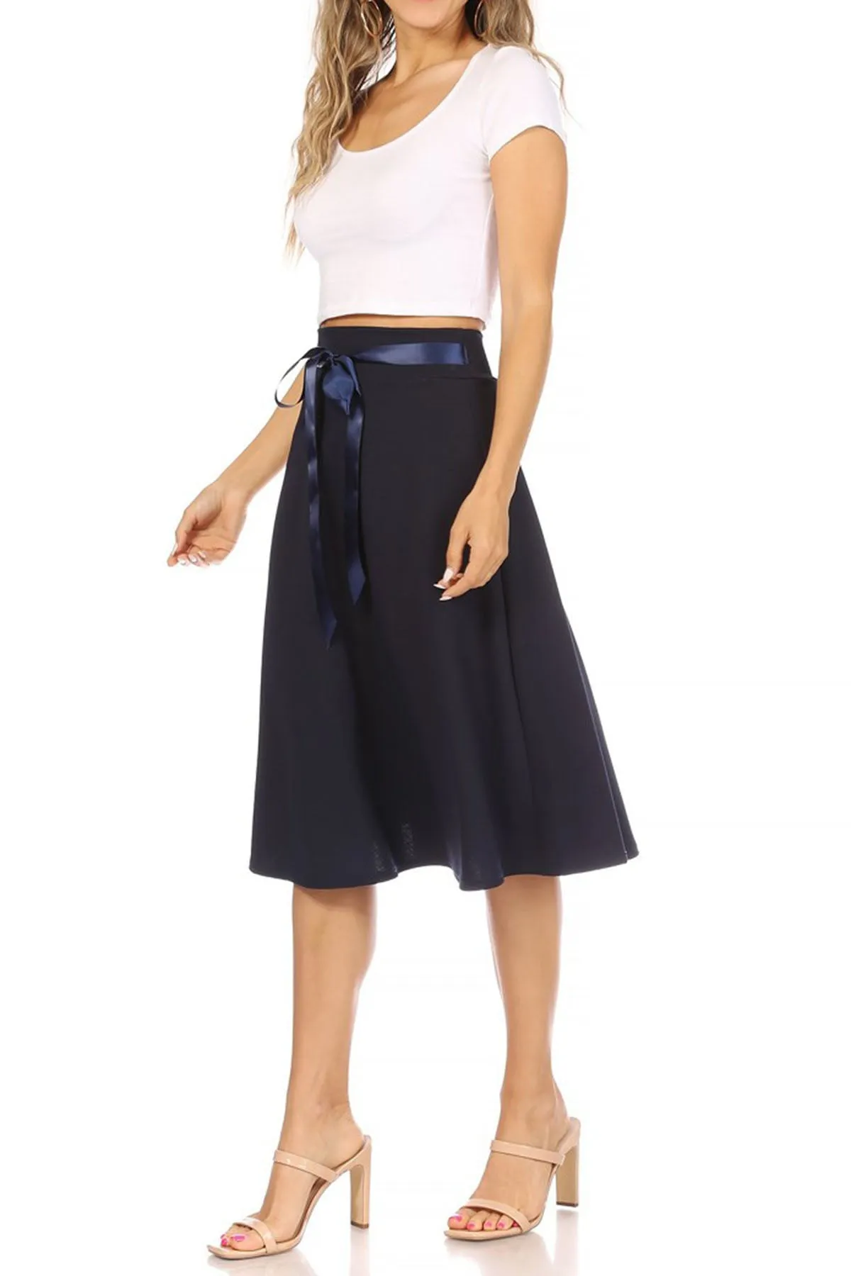 Elegant A-Line Midi Skirt - High Waist with Bow Tie Detail S500 $9Each