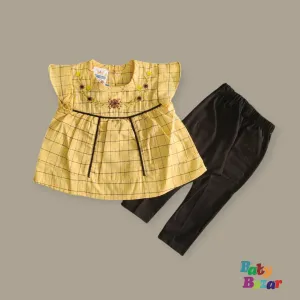 Elegant Embroidered Checkered Baby Top and Pants Set New Born - Yellow