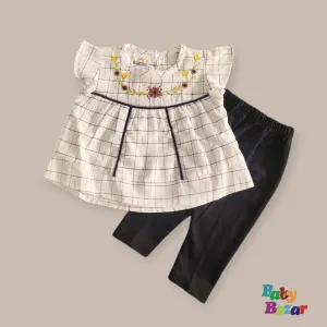 Elegant Embroidered Checkered Baby Top and Pants Set New Born