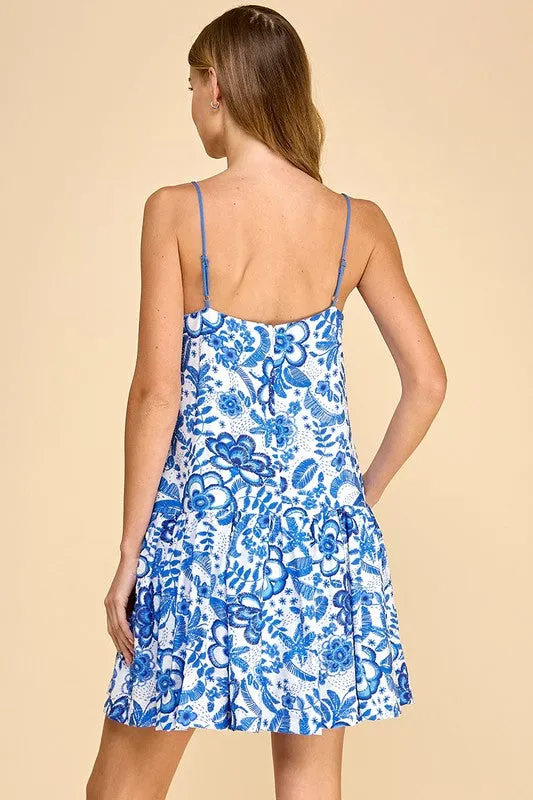 Embroidered Floral Print Contrast Stitch Dress
