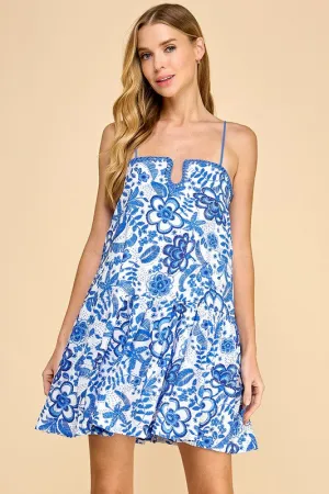 Embroidered Floral Print Contrast Stitch Dress