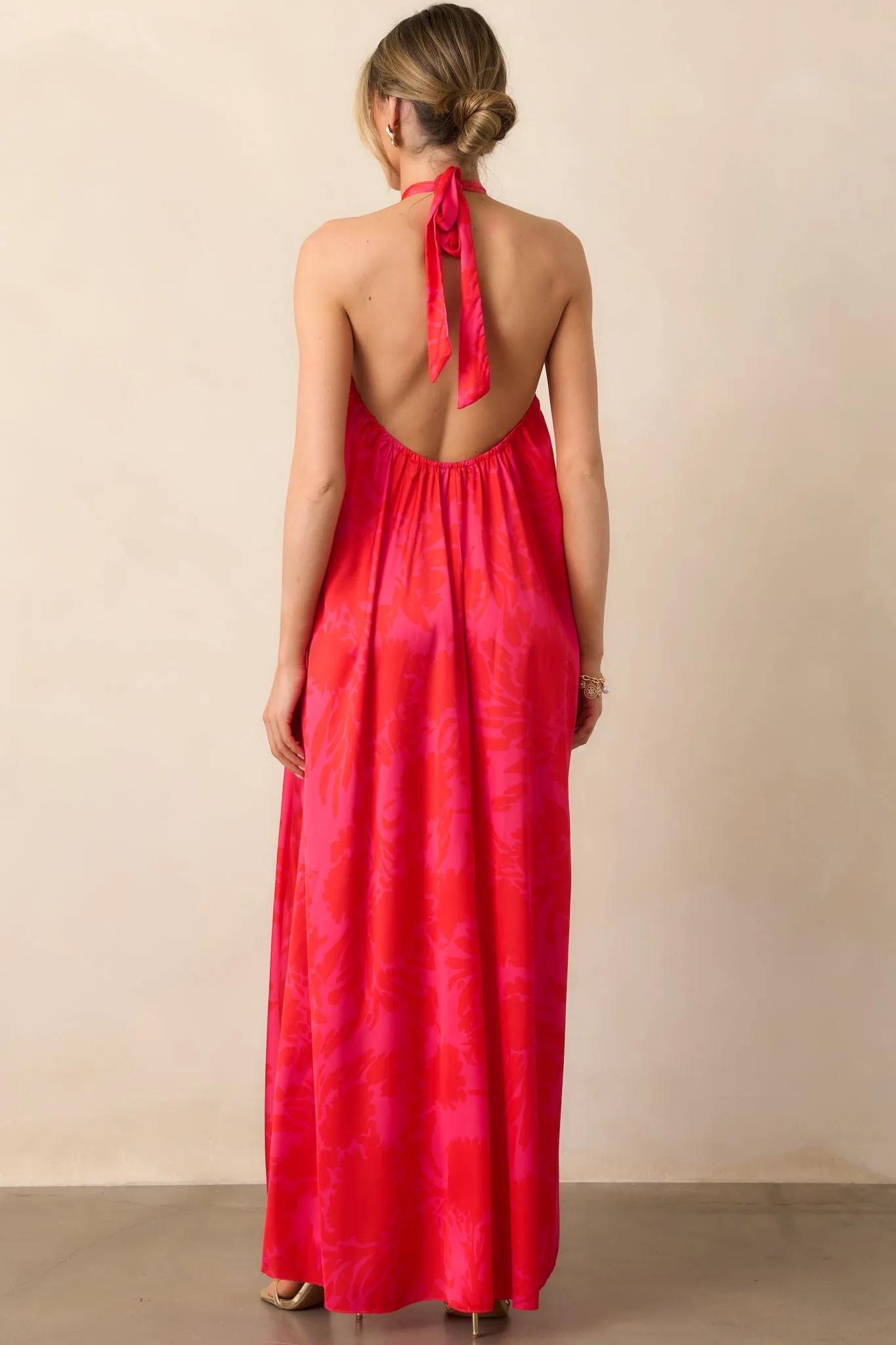 Everything You Need Red Floral Satin Halter Maxi Dress