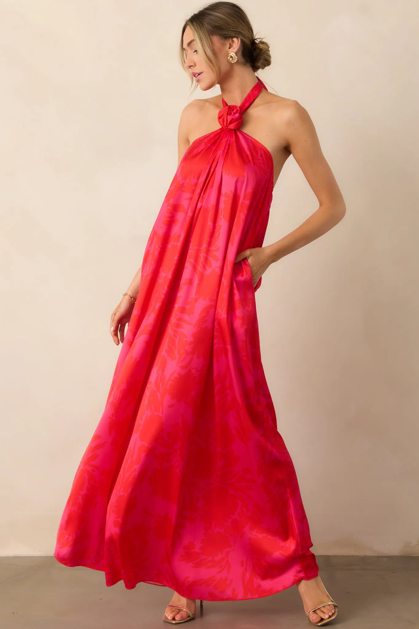 Everything You Need Red Floral Satin Halter Maxi Dress