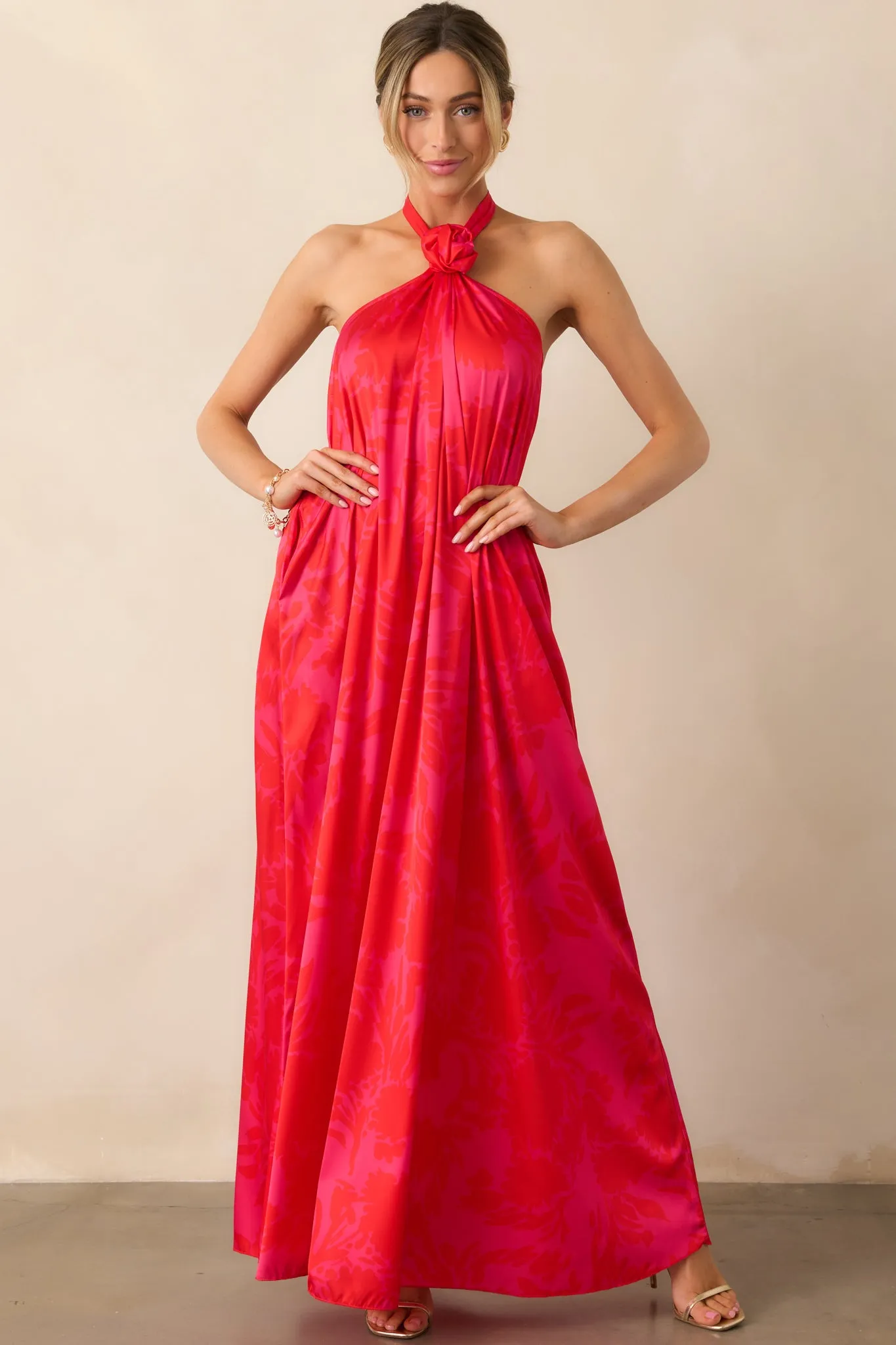 Everything You Need Red Floral Satin Halter Maxi Dress