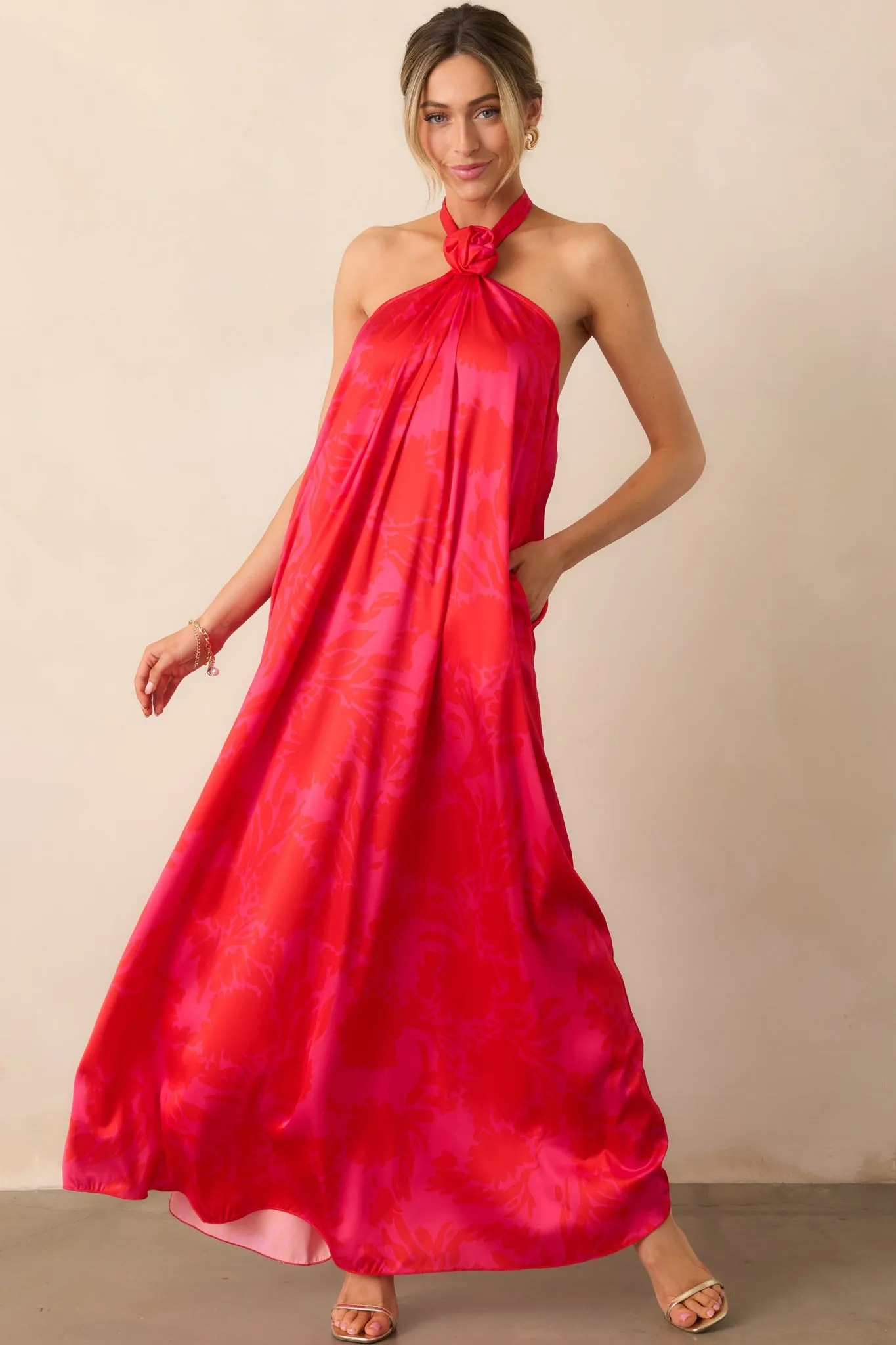 Everything You Need Red Floral Satin Halter Maxi Dress