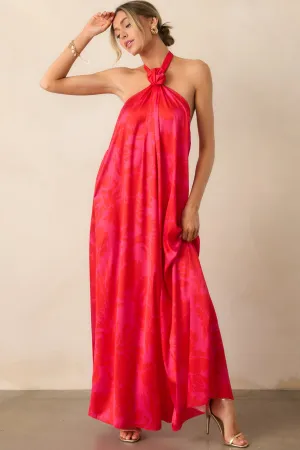 Everything You Need Red Floral Satin Halter Maxi Dress