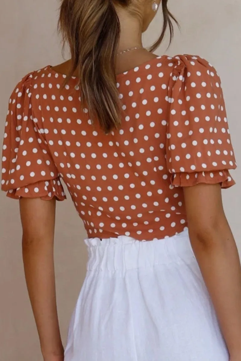 Fashion Sweet Polka Dot Split Joint V Neck Tops