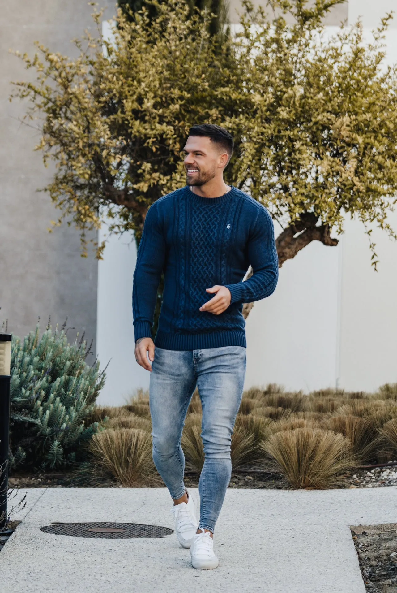 Father Sons Air Force Blue Knitted Cable Saddle Crew Super Slim Jumper With Metal Decal - FSN080