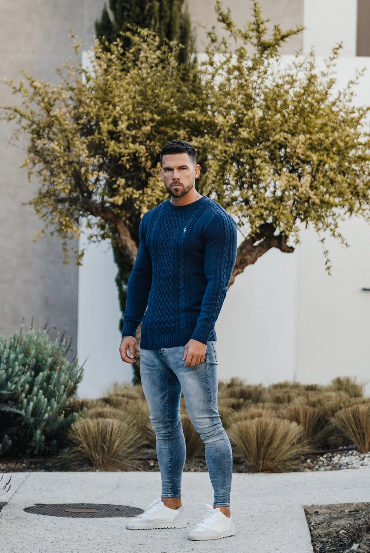 Father Sons Air Force Blue Knitted Cable Saddle Crew Super Slim Jumper With Metal Decal - FSN080