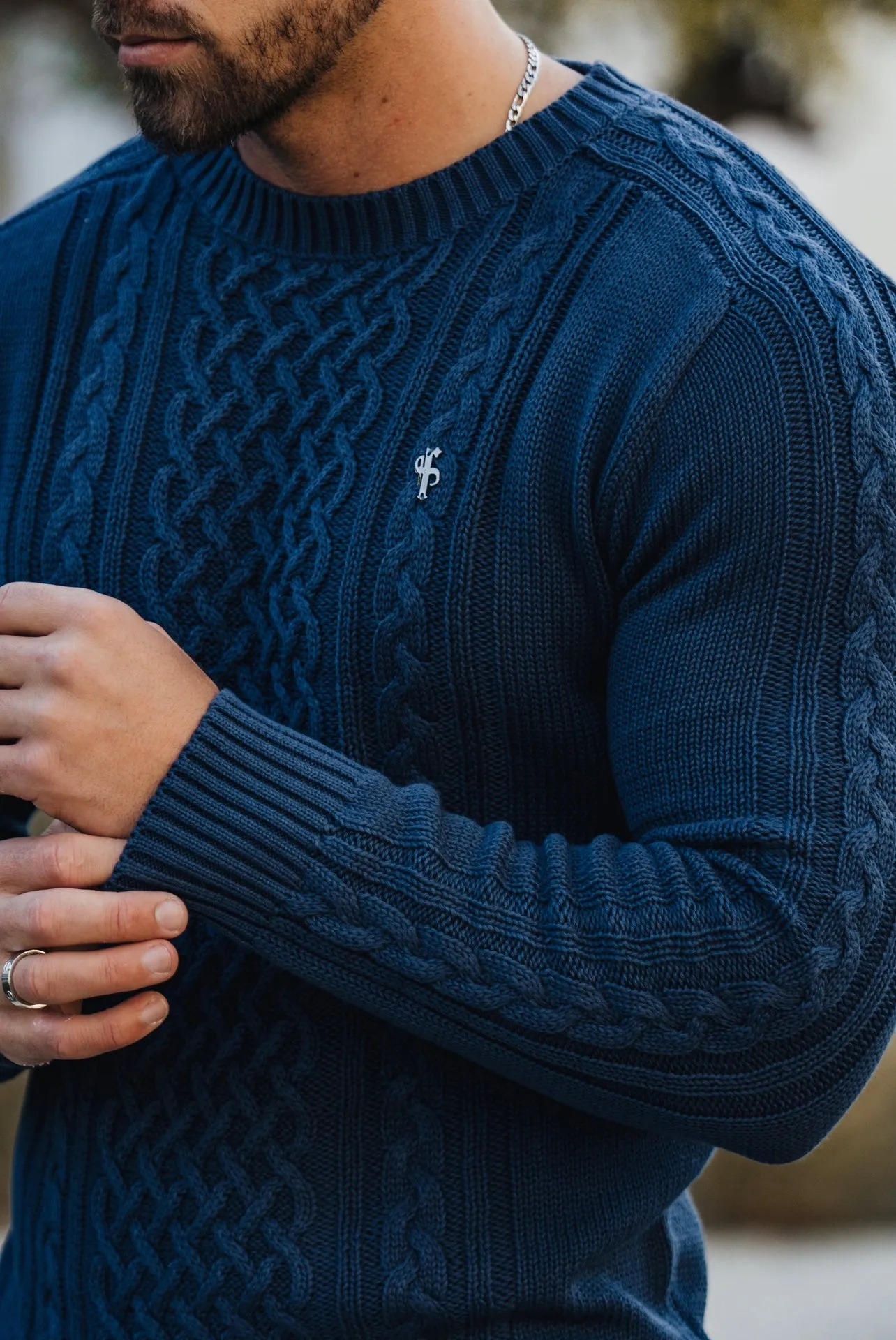 Father Sons Air Force Blue Knitted Cable Saddle Crew Super Slim Jumper With Metal Decal - FSN080