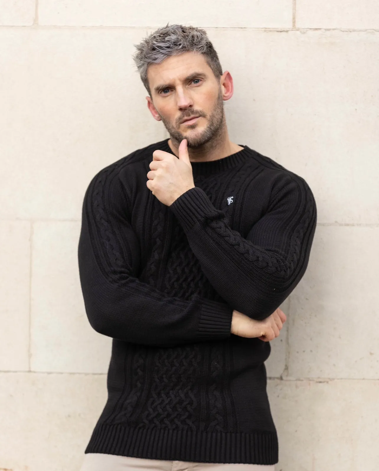 Father Sons Black Knitted Cable Saddle Crew Super Slim Jumper With Metal Decal - FSN073