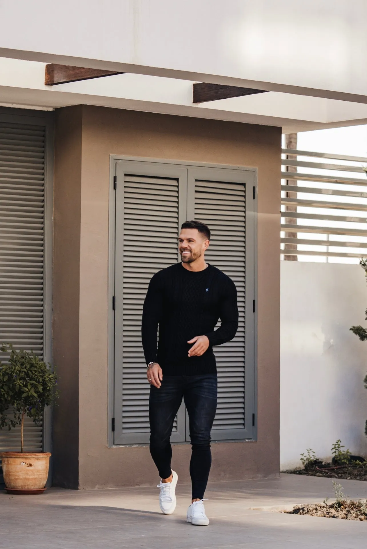 Father Sons Black Knitted Cable Saddle Crew Super Slim Jumper With Metal Decal - FSN073