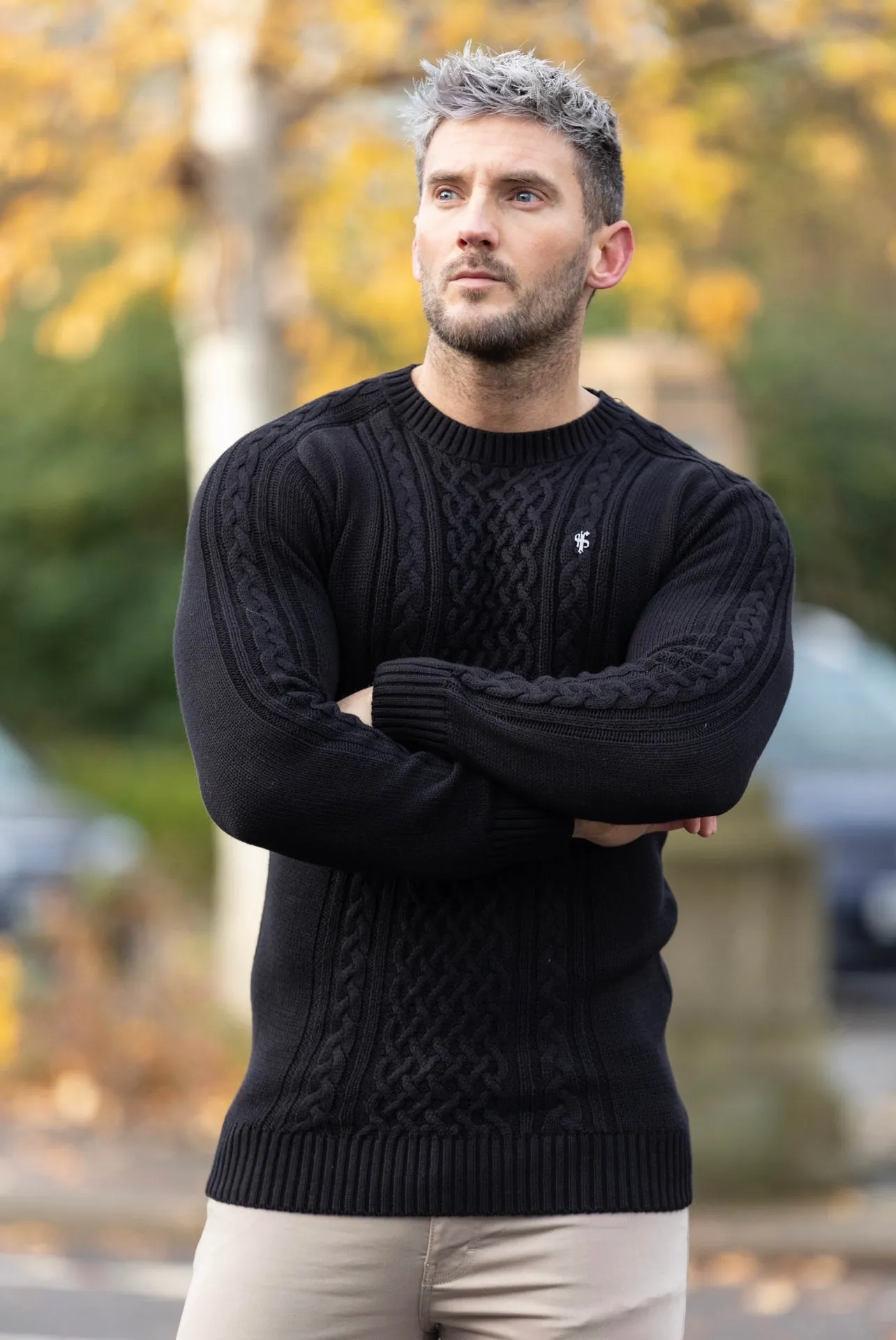 Father Sons Black Knitted Cable Saddle Crew Super Slim Jumper With Metal Decal - FSN073