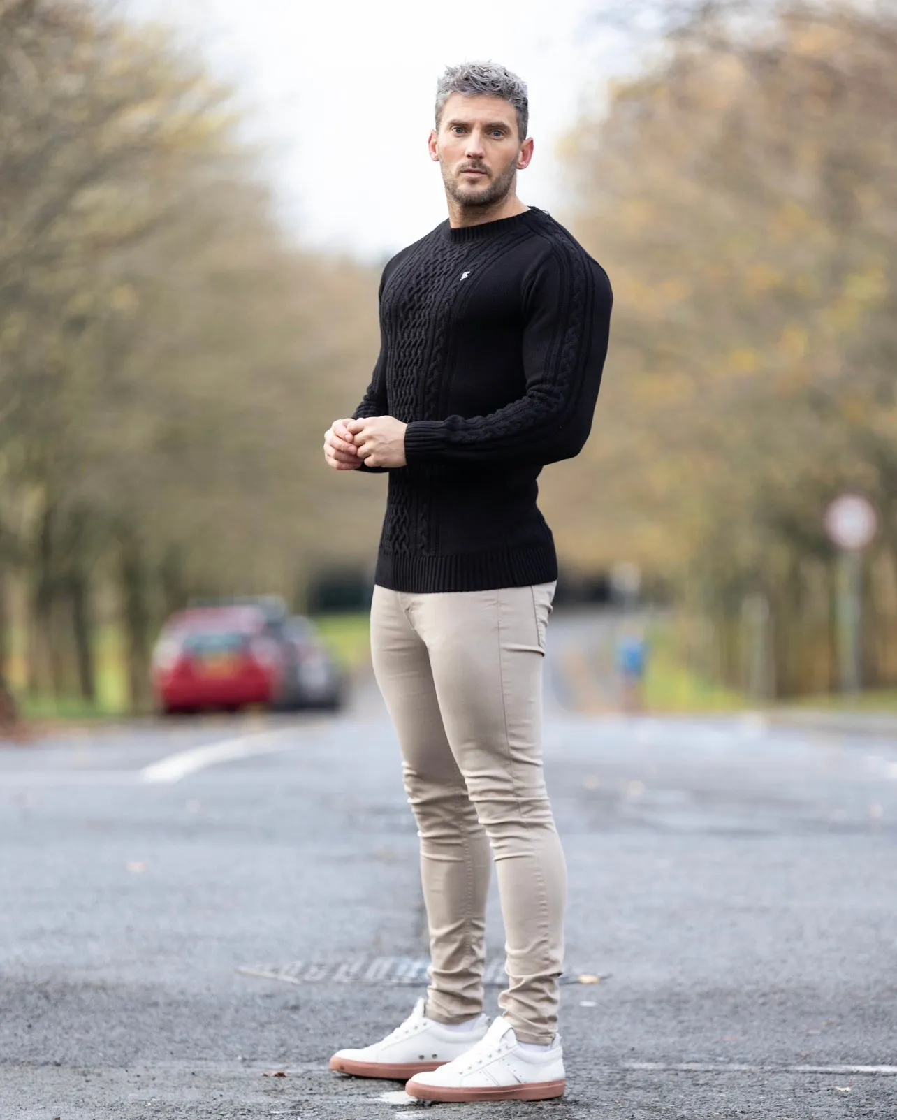 Father Sons Black Knitted Cable Saddle Crew Super Slim Jumper With Metal Decal - FSN073