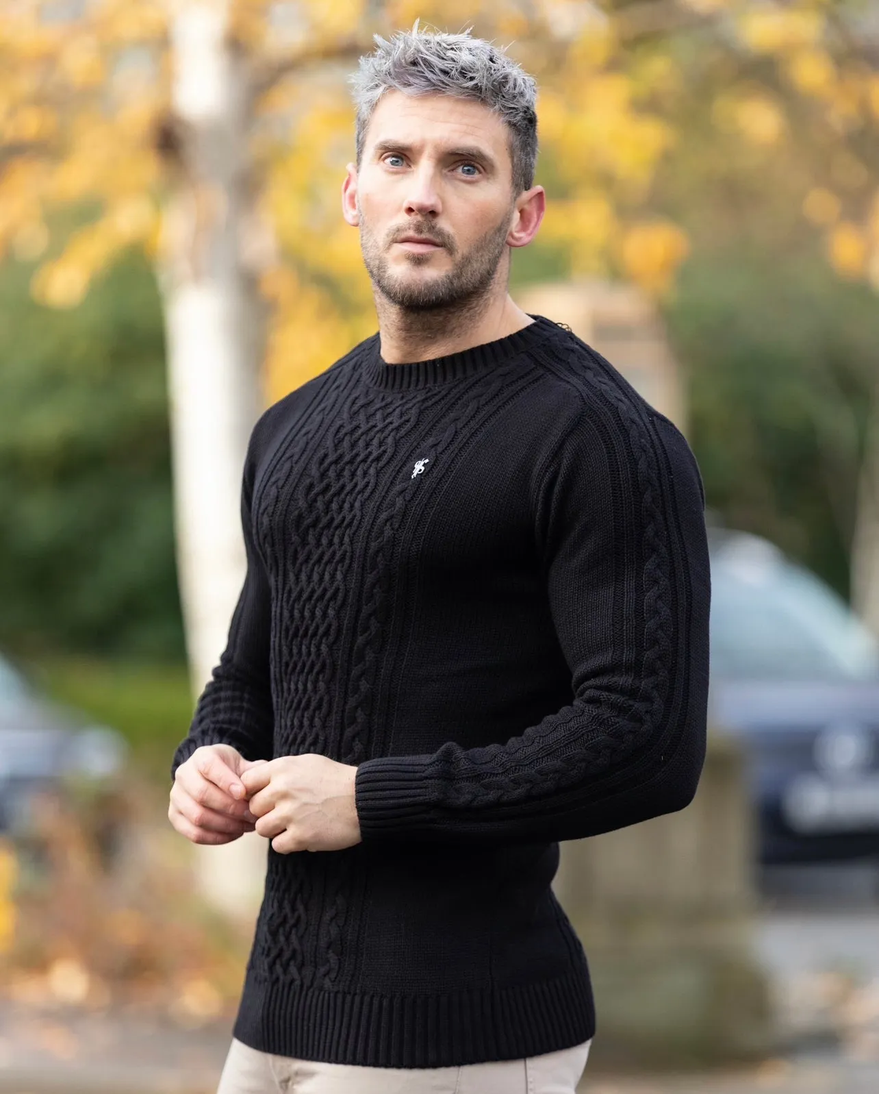 Father Sons Black Knitted Cable Saddle Crew Super Slim Jumper With Metal Decal - FSN073