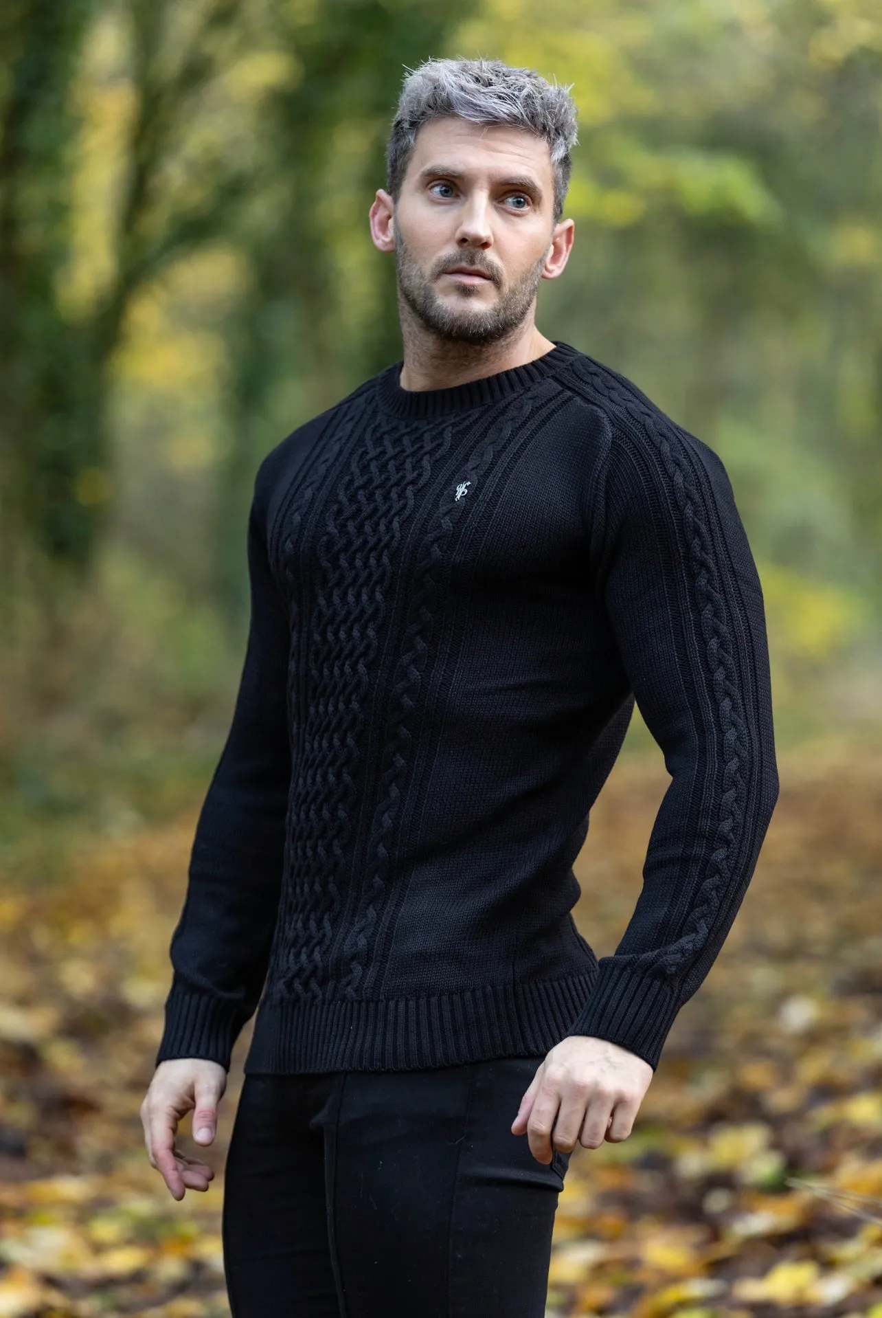 Father Sons Black Knitted Cable Saddle Crew Super Slim Jumper With Metal Decal - FSN073