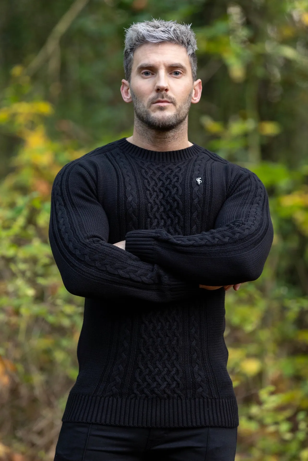 Father Sons Black Knitted Cable Saddle Crew Super Slim Jumper With Metal Decal - FSN073