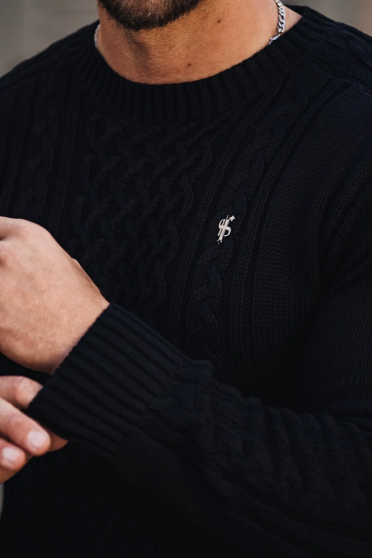 Father Sons Black Knitted Cable Saddle Crew Super Slim Jumper With Metal Decal - FSN073
