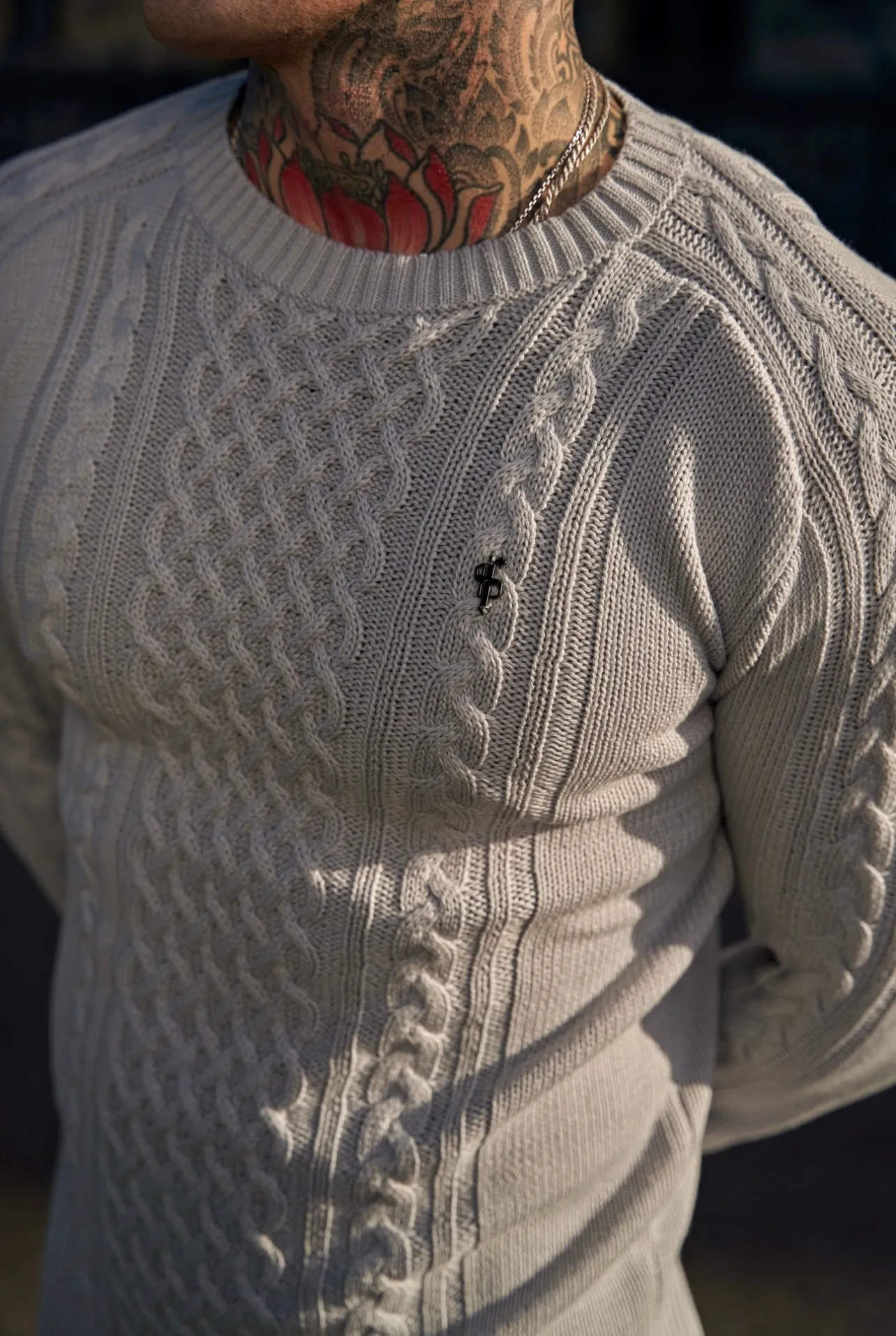 Father Sons Grey Knitted Cable Saddle Crew Super Slim Jumper With Metal Decal - FSN077