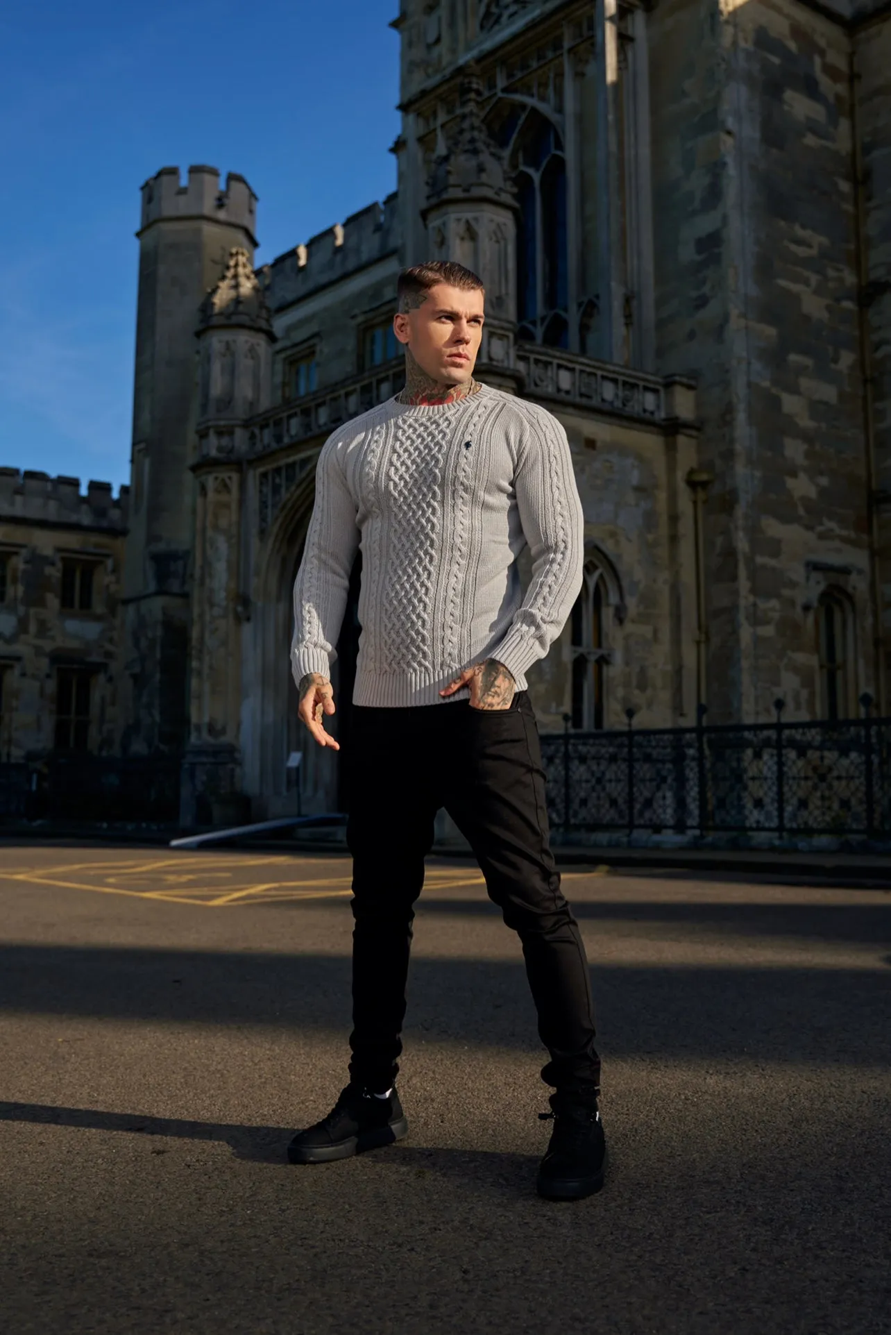 Father Sons Grey Knitted Cable Saddle Crew Super Slim Jumper With Metal Decal - FSN077