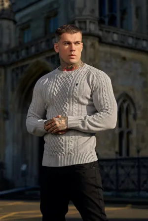 Father Sons Grey Knitted Cable Saddle Crew Super Slim Jumper With Metal Decal - FSN077