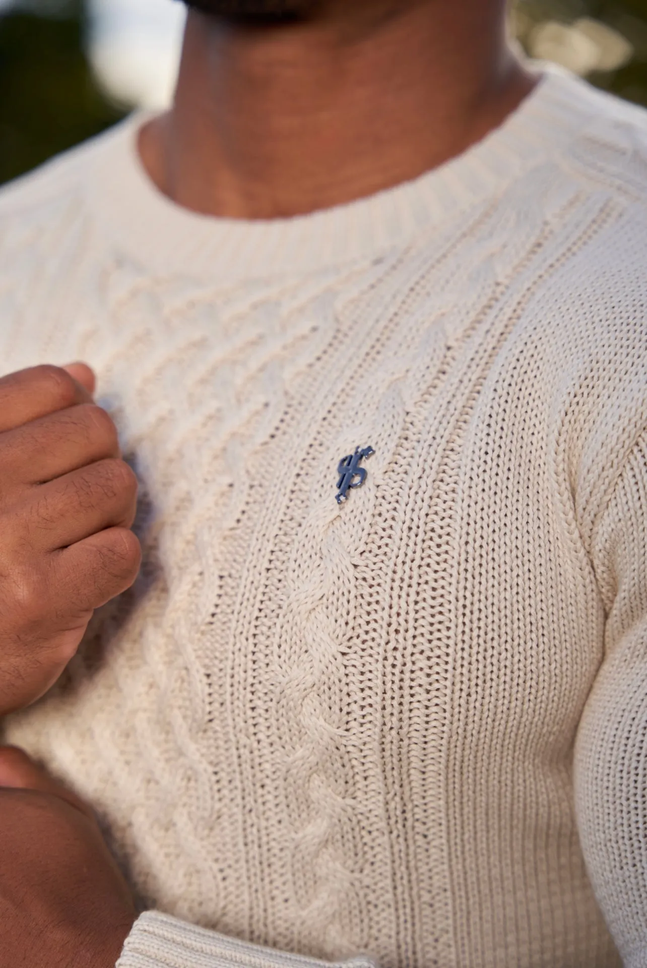 Father Sons Oatmeal Knitted Cable Saddle Crew Super Slim Jumper With Metal Decal - FSN076