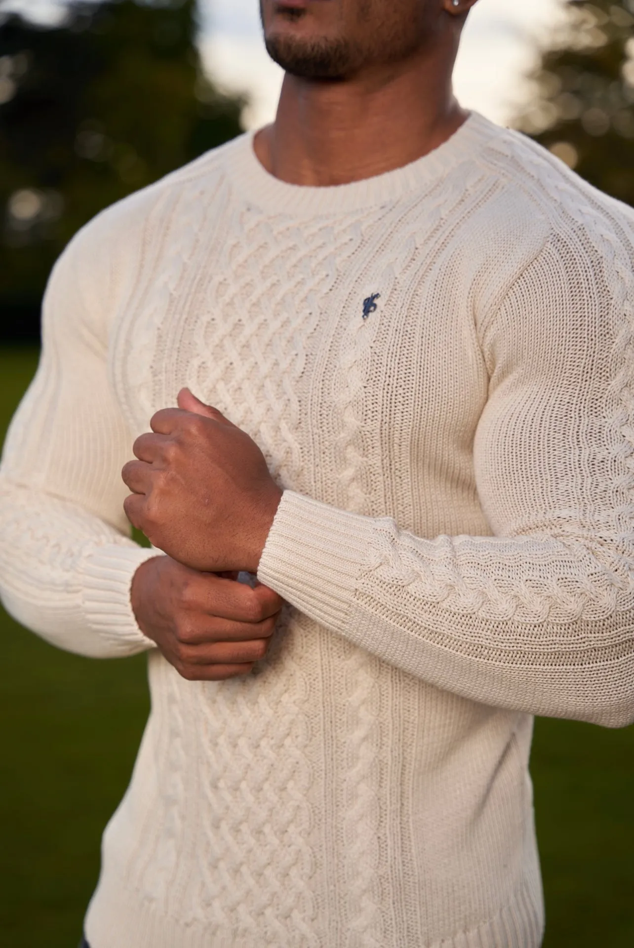 Father Sons Oatmeal Knitted Cable Saddle Crew Super Slim Jumper With Metal Decal - FSN076