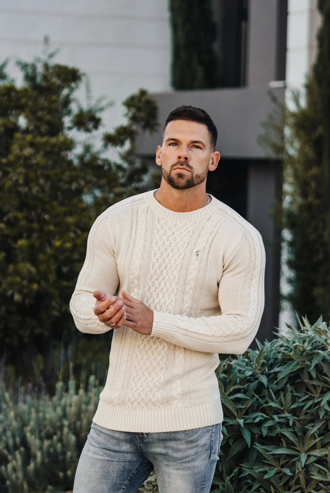 Father Sons Oatmeal Knitted Cable Saddle Crew Super Slim Jumper With Metal Decal - FSN076