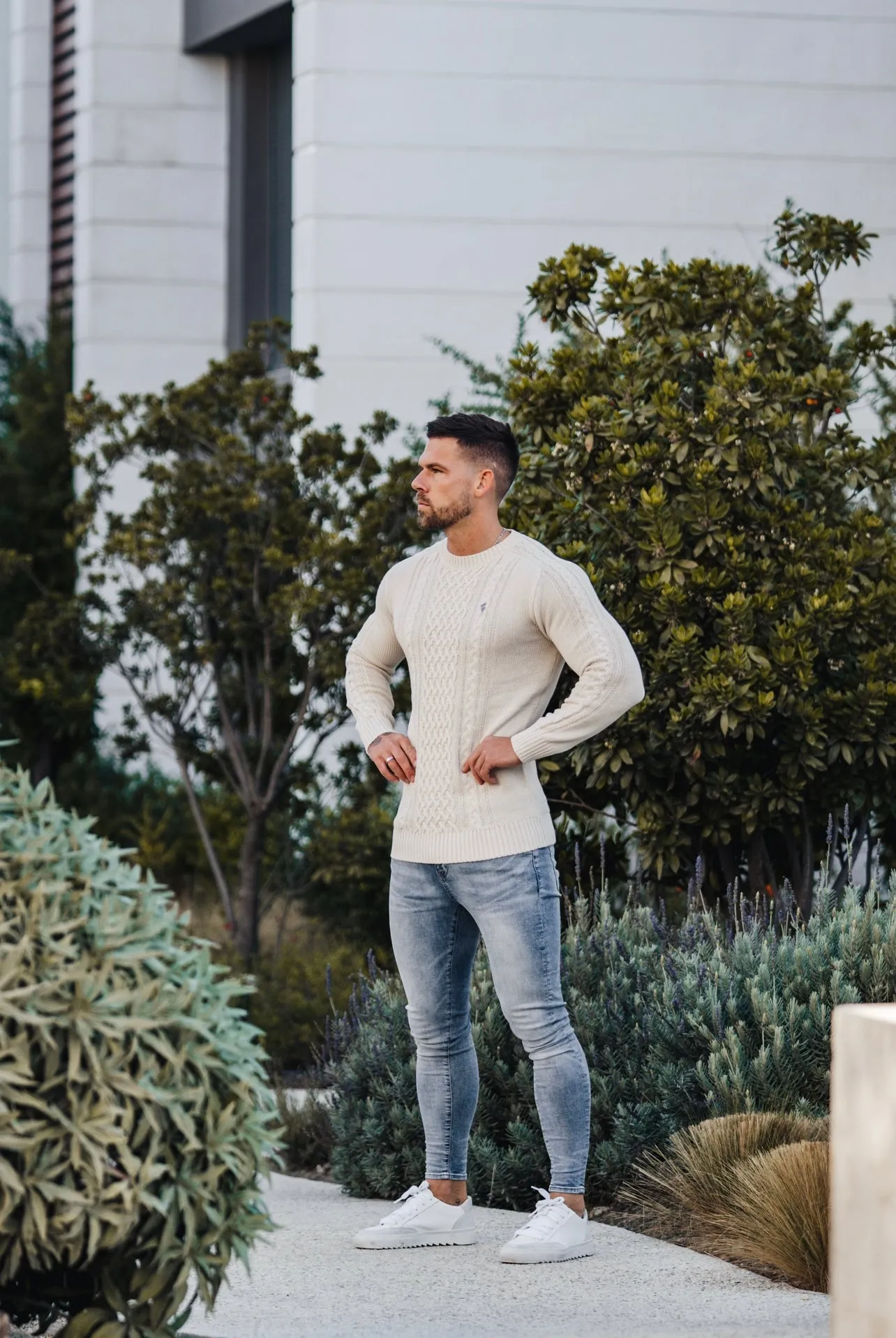 Father Sons Oatmeal Knitted Cable Saddle Crew Super Slim Jumper With Metal Decal - FSN076