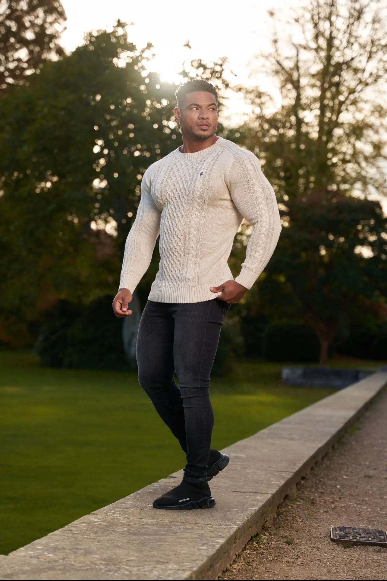Father Sons Oatmeal Knitted Cable Saddle Crew Super Slim Jumper With Metal Decal - FSN076