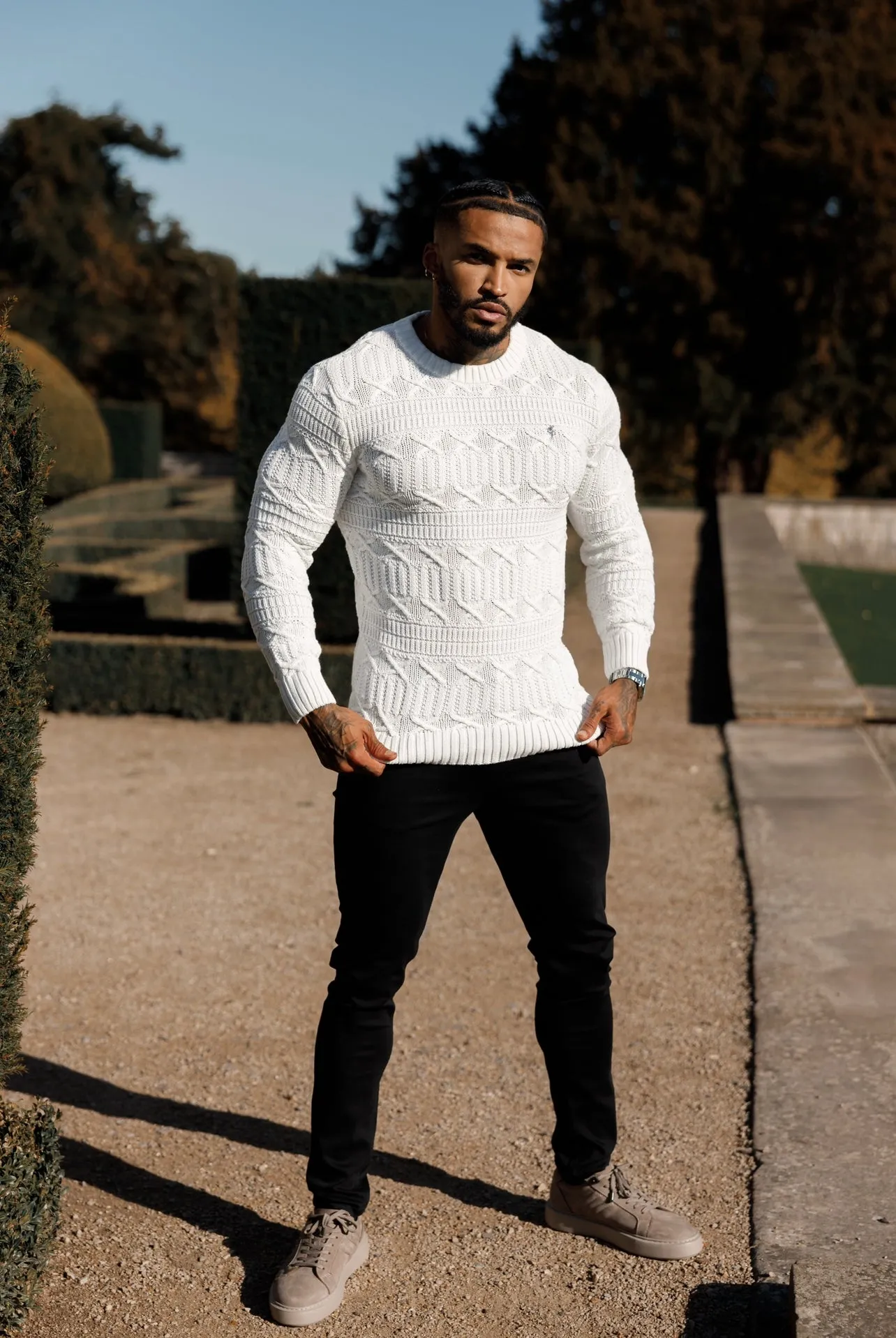 Father Sons Off White Knitted Cable Link Crew Super Slim Jumper With Metal Decal - FSN070
