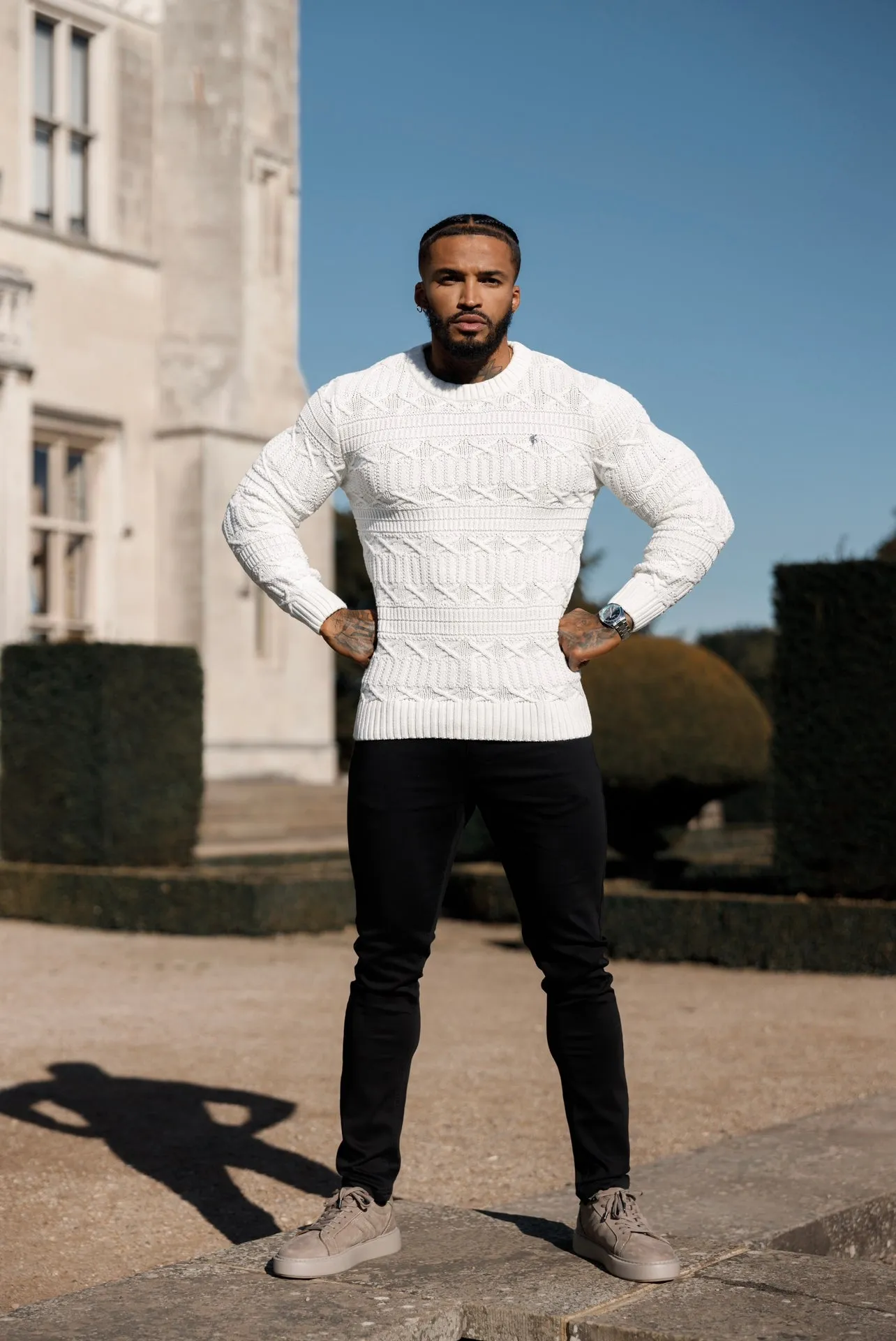 Father Sons Off White Knitted Cable Link Crew Super Slim Jumper With Metal Decal - FSN070
