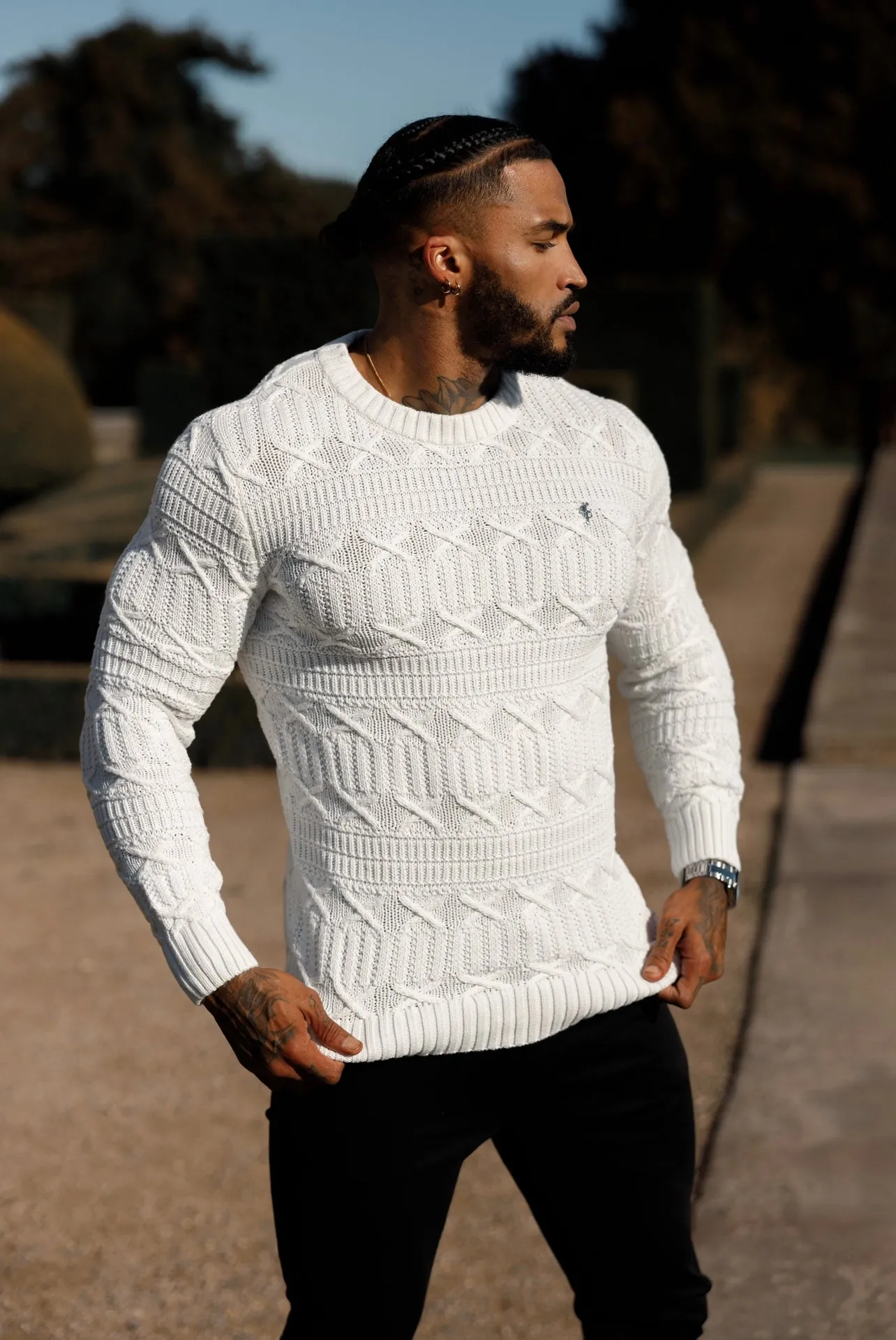 Father Sons Off White Knitted Cable Link Crew Super Slim Jumper With Metal Decal - FSN070