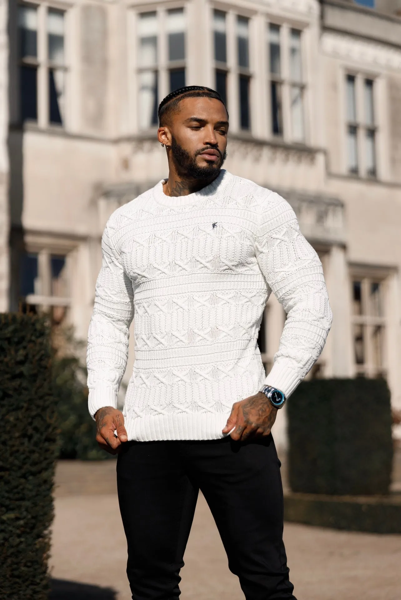 Father Sons Off White Knitted Cable Link Crew Super Slim Jumper With Metal Decal - FSN070