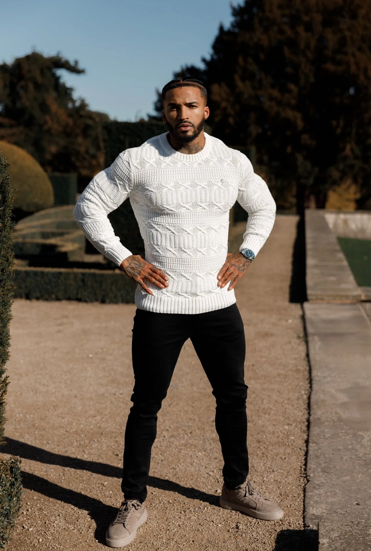 Father Sons Off White Knitted Cable Link Crew Super Slim Jumper With Metal Decal - FSN070