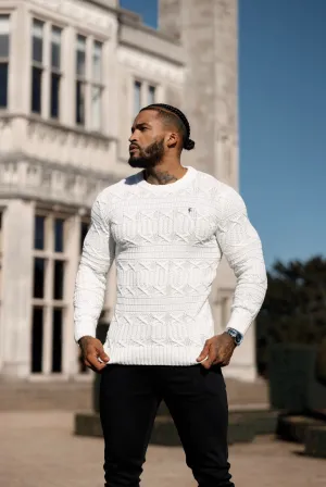 Father Sons Off White Knitted Cable Link Crew Super Slim Jumper With Metal Decal - FSN070