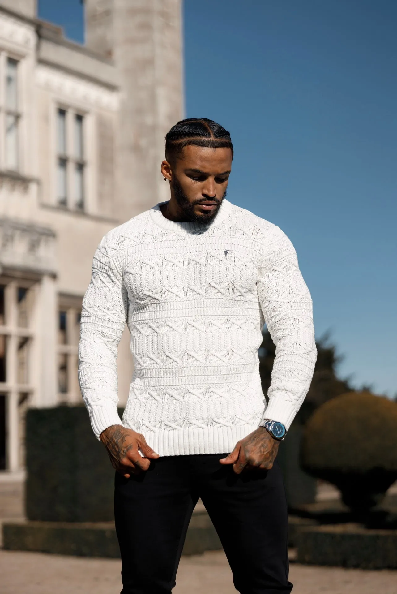 Father Sons Off White Knitted Cable Link Crew Super Slim Jumper With Metal Decal - FSN070