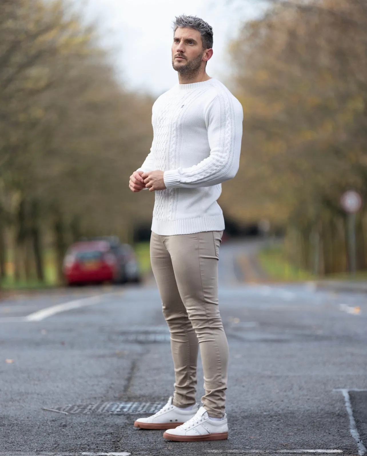 Father Sons Off White Knitted Cable Saddle Crew Super Slim Jumper With Metal Decal - FSN075