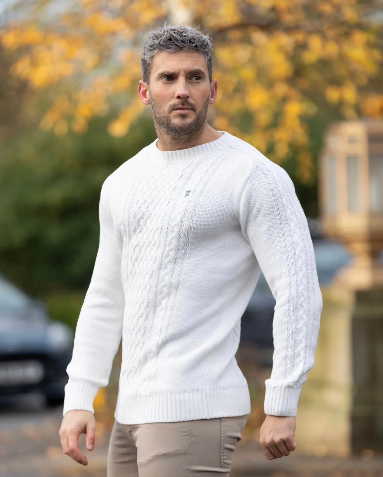 Father Sons Off White Knitted Cable Saddle Crew Super Slim Jumper With Metal Decal - FSN075