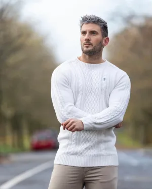 Father Sons Off White Knitted Cable Saddle Crew Super Slim Jumper With Metal Decal - FSN075