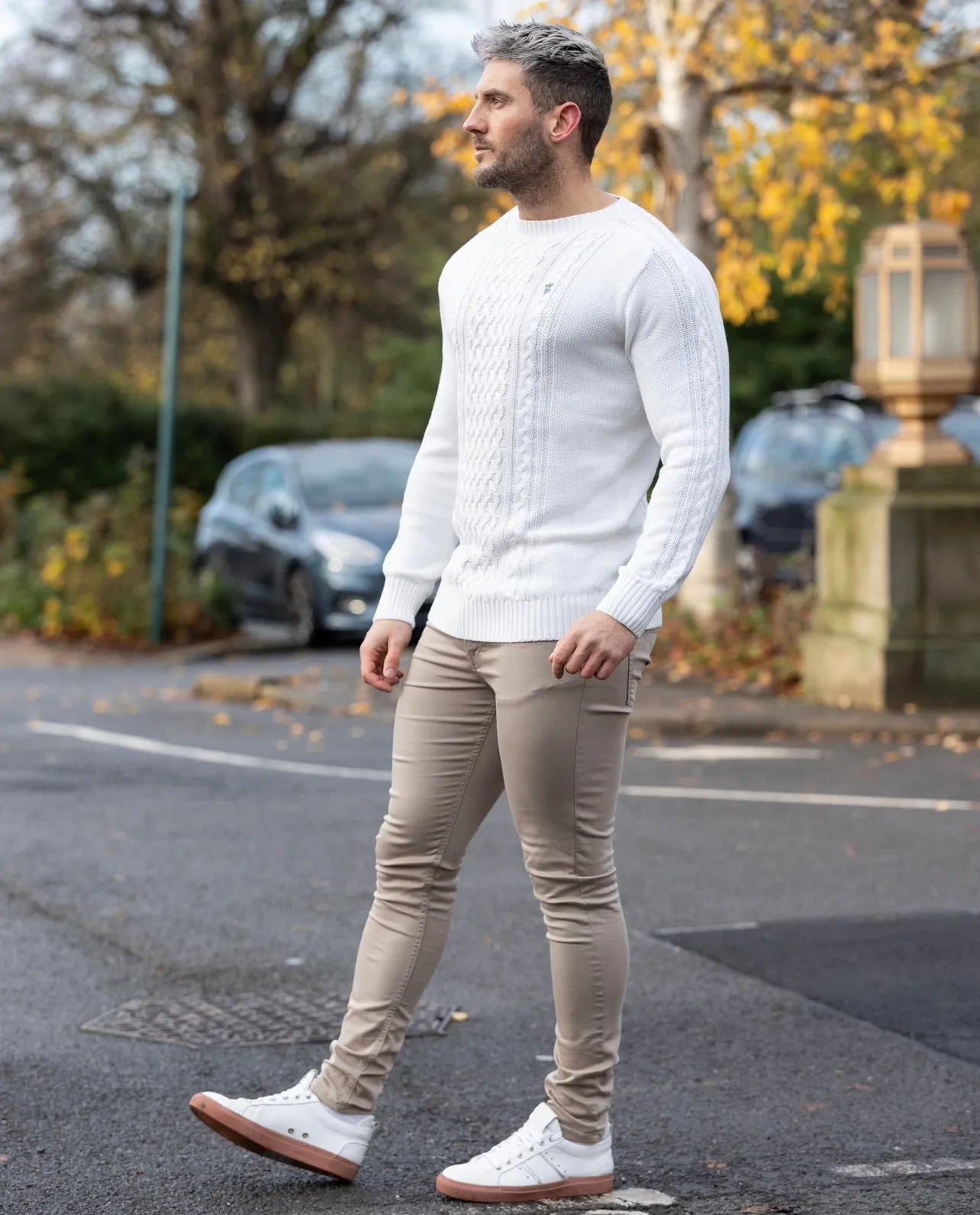 Father Sons Off White Knitted Cable Saddle Crew Super Slim Jumper With Metal Decal - FSN075