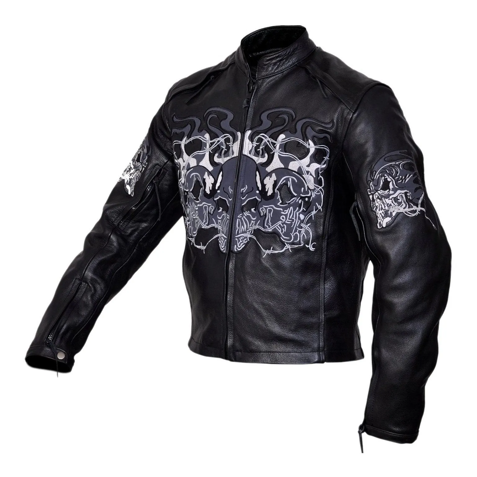 Flaming Skulls Cruiser Motorcycle Biker Black Leather Jacket