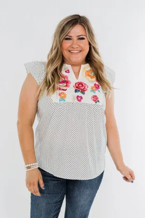 Floral Embroider & Polka Dot Top- Ivory