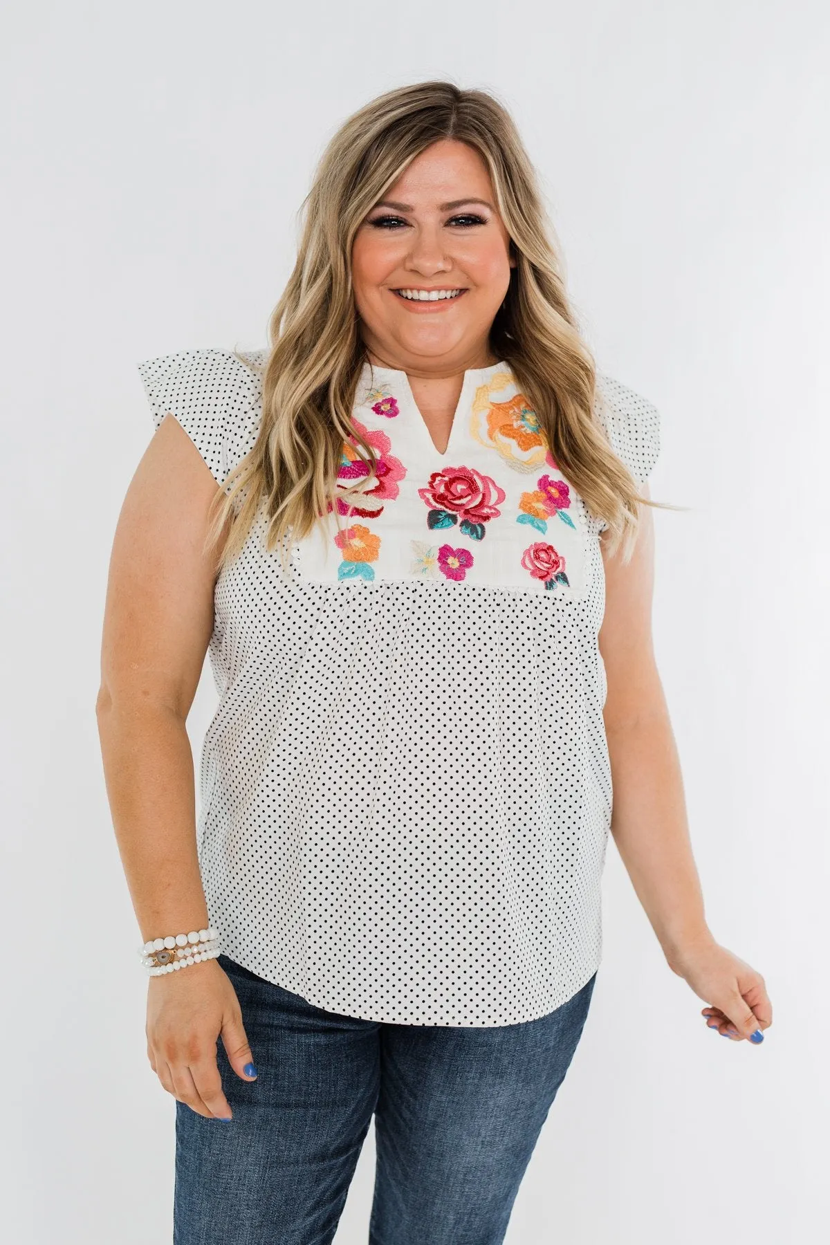 Floral Embroider & Polka Dot Top- Ivory