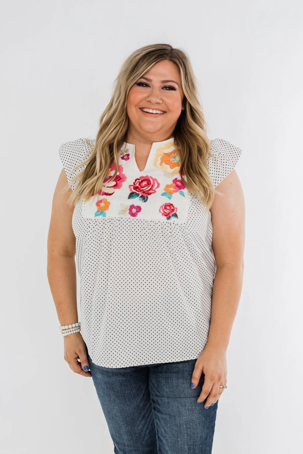 Floral Embroider & Polka Dot Top- Ivory