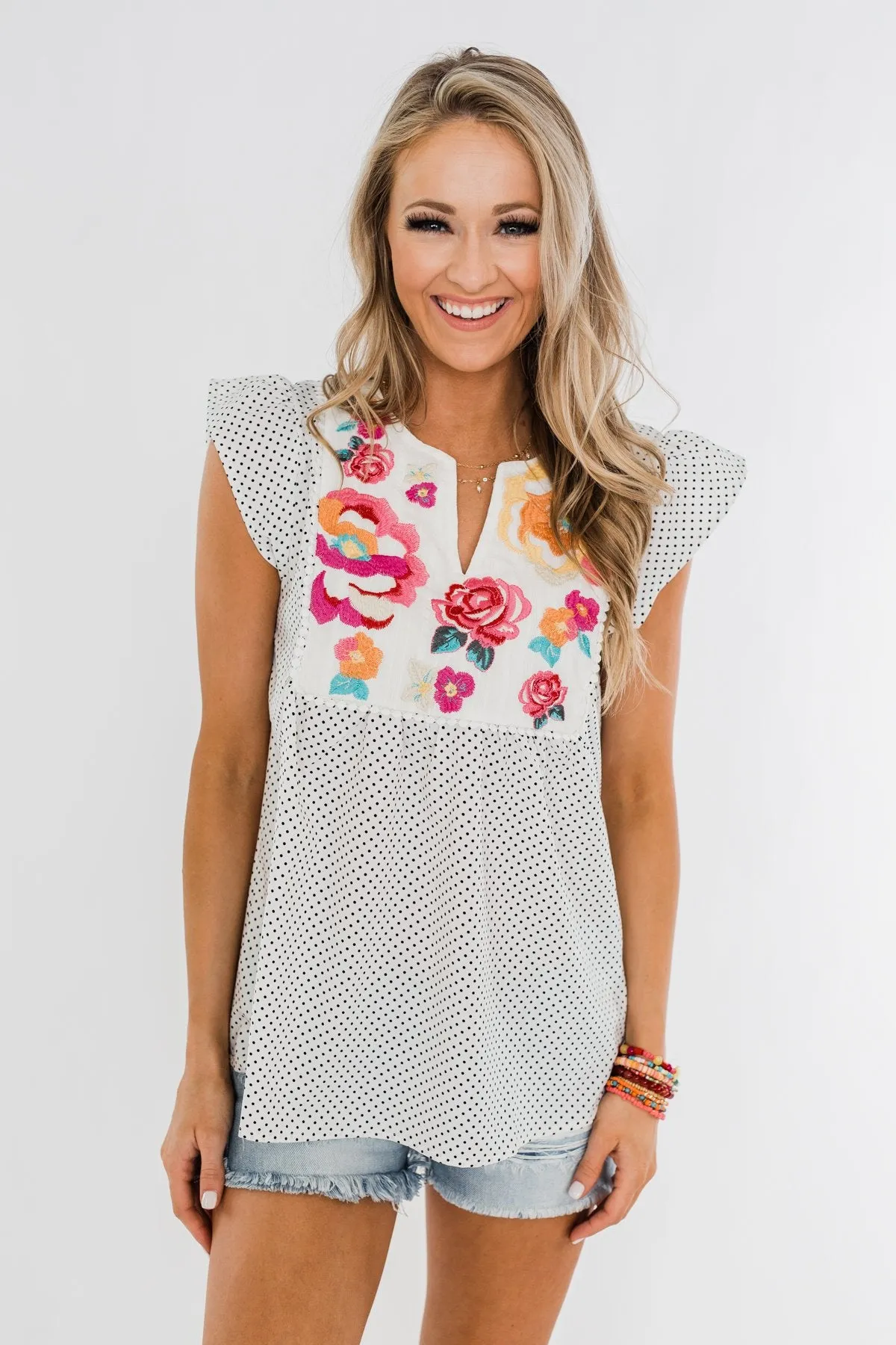 Floral Embroider & Polka Dot Top- Ivory