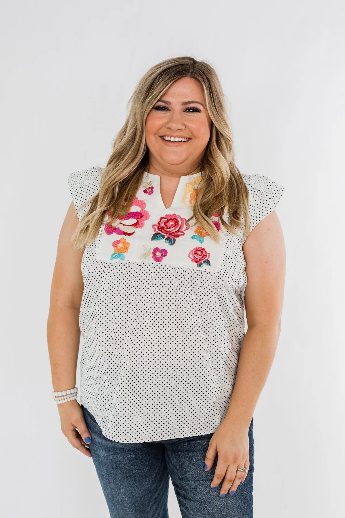 Floral Embroider & Polka Dot Top- Ivory